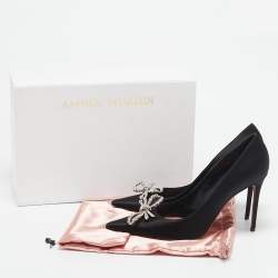Amina Muaddi Black Satin Crystal Embellished Rosie Pumps Size 39.5