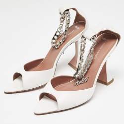 Amina Muaddi White Leather Ankle Strap Sandals Size 40