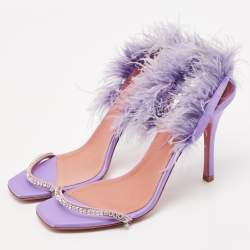 Pre Owned Amina Muaddi Purple Satin Crystal Embellished And Feather Adwoa Slingback Sandals Size 40.5