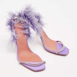 Pre Owned Amina Muaddi Purple Satin Crystal Embellished And Feather Adwoa Slingback Sandals Size 40.5