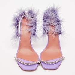Pre Owned Amina Muaddi Purple Satin Crystal Embellished And Feather Adwoa Slingback Sandals Size 40.5