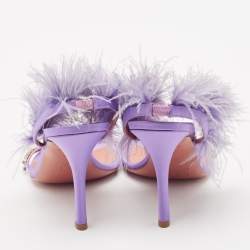 Pre Owned Amina Muaddi Purple Satin Crystal Embellished And Feather Adwoa Slingback Sandals Size 40.5