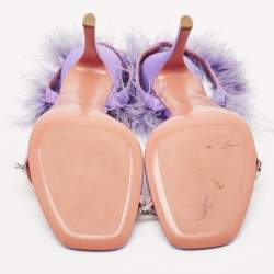 Pre Owned Amina Muaddi Purple Satin Crystal Embellished And Feather Adwoa Slingback Sandals Size 40.5