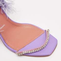 Pre Owned Amina Muaddi Purple Satin Crystal Embellished And Feather Adwoa Slingback Sandals Size 40.5