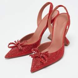Pre Owned Amina Muaddi Red Suede Crystal Embellished Rosie Slingback Pumps Size 36.5