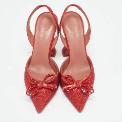 Pre Owned Amina Muaddi Red Suede Crystal Embellished Rosie Slingback Pumps Size 36.5