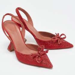 Pre Owned Amina Muaddi Red Suede Crystal Embellished Rosie Slingback Pumps Size 36.5