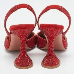 Pre Owned Amina Muaddi Red Suede Crystal Embellished Rosie Slingback Pumps Size 36.5