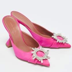 Pre Owned Amina Muaddi Pink Satin Begum Crystal Embellished Mules Size 36.5