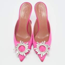 Pre Owned Amina Muaddi Pink Satin Begum Crystal Embellished Mules Size 36.5