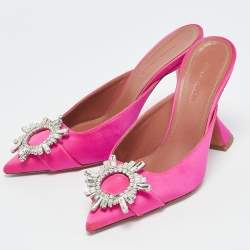 Pre Owned Amina Muaddi Pink Satin Begum Crystal Embellished Mules Size 36.5