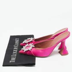 Pre Owned Amina Muaddi Pink Satin Begum Crystal Embellished Mules Size 36.5