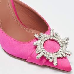 Pre Owned Amina Muaddi Pink Satin Begum Crystal Embellished Mules Size 36.5