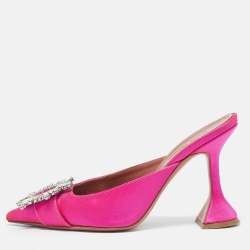 Pre Owned Amina Muaddi Pink Satin Begum Crystal Embellished Mules Size 36.5