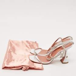 Pre Owned Amina Muaddi White Satin Crystal Embellished Glida Sandals Size 40.5