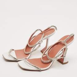 Pre Owned Amina Muaddi White Satin Crystal Embellished Glida Sandals Size 40.5