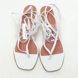 Amina Muaddi White Leather and PVC Zula Ankle Wrap Sandals Size 37.5
