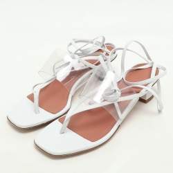 Amina Muaddi White Leather and PVC Zula Ankle Wrap Sandals Size 37.5