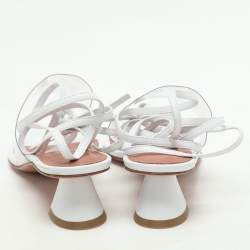 Amina Muaddi White Leather and PVC Zula Ankle Wrap Sandals Size 37.5