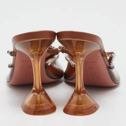 Pre Owned Amina Muaddi Brown PVC Crystal Embellished Gilda Mules Size 38.5