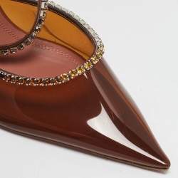 Pre Owned Amina Muaddi Brown PVC Crystal Embellished Gilda Mules Size 38.5