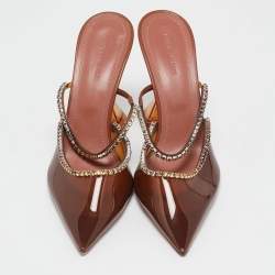 Pre Owned Amina Muaddi Brown PVC Crystal Embellished Gilda Mules Size 38.5