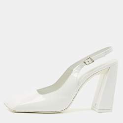 Amina Muaddi White Patent Leather Square Toe Slingback Pumps Size 38