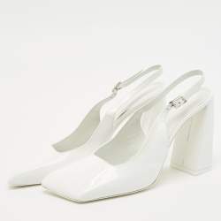 Amina Muaddi White Patent Leather Square Toe Slingback Pumps Size 38