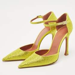 Pre Owned Amina Muaddi Yellow Satin Vittoria 105mm Crystal-Embellished Pumps Size 37