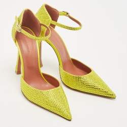 Pre Owned Amina Muaddi Yellow Satin Vittoria 105mm Crystal-Embellished Pumps Size 37