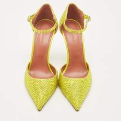 Pre Owned Amina Muaddi Yellow Satin Vittoria 105mm Crystal-Embellished Pumps Size 37
