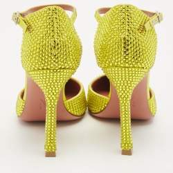 Pre Owned Amina Muaddi Yellow Satin Vittoria 105mm Crystal-Embellished Pumps Size 37