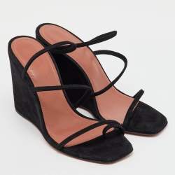 Amina Muaddi Black Suede Naima Wedge Sandals Size 36