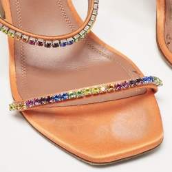 Amina Muaddi Orange Satin Rainbow Crystal Gilda Ankle Strap Sandals Size 38