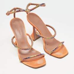 Amina Muaddi Orange Satin Rainbow Crystal Gilda Ankle Strap Sandals Size 38