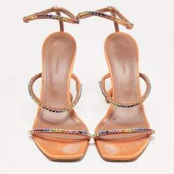 Amina Muaddi Orange Satin Rainbow Crystal Gilda Ankle Strap Sandals Size 38