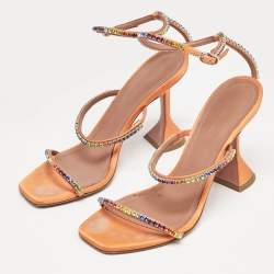 Amina Muaddi Orange Satin Rainbow Crystal Gilda Ankle Strap Sandals Size 38