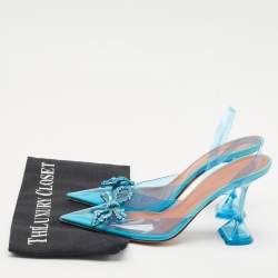 Pre Owned Amina Muaddi Blue PVC Crystal Embellished Rosie Slingback Pumps Size 38