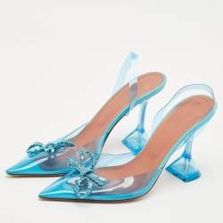 Pre Owned Amina Muaddi Blue PVC Crystal Embellished Rosie Slingback Pumps Size 38