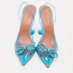 Pre Owned Amina Muaddi Blue PVC Crystal Embellished Rosie Slingback Pumps Size 38