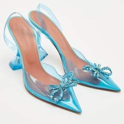 Pre Owned Amina Muaddi Blue PVC Crystal Embellished Rosie Slingback Pumps Size 38