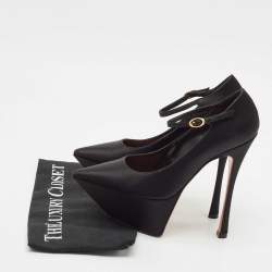 Pre Owned Amina Muaddi Black Satin Angelica Ankle Strap Platform Pumps Size 36.5