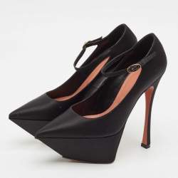 Pre Owned Amina Muaddi Black Satin Angelica Ankle Strap Platform Pumps Size 36.5