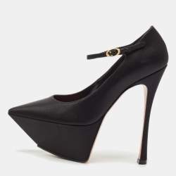 Pre Owned Amina Muaddi Black Satin Angelica Ankle Strap Platform Pumps Size 36.5