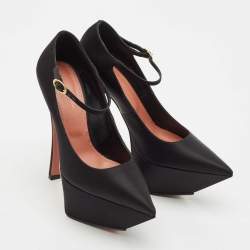 Pre Owned Amina Muaddi Black Satin Angelica Ankle Strap Platform Pumps Size 36.5