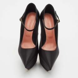 Pre Owned Amina Muaddi Black Satin Angelica Ankle Strap Platform Pumps Size 36.5