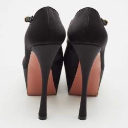 Pre Owned Amina Muaddi Black Satin Angelica Ankle Strap Platform Pumps Size 36.5
