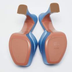 Amina Muaddi Blue Satin Dalida Platform Slide Sandals Size 39