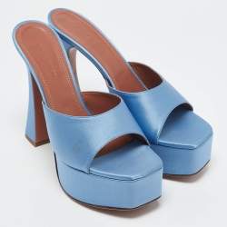 Amina Muaddi Blue Satin Dalida Platform Slide Sandals Size 39