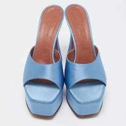 Amina Muaddi Blue Satin Dalida Platform Slide Sandals Size 39